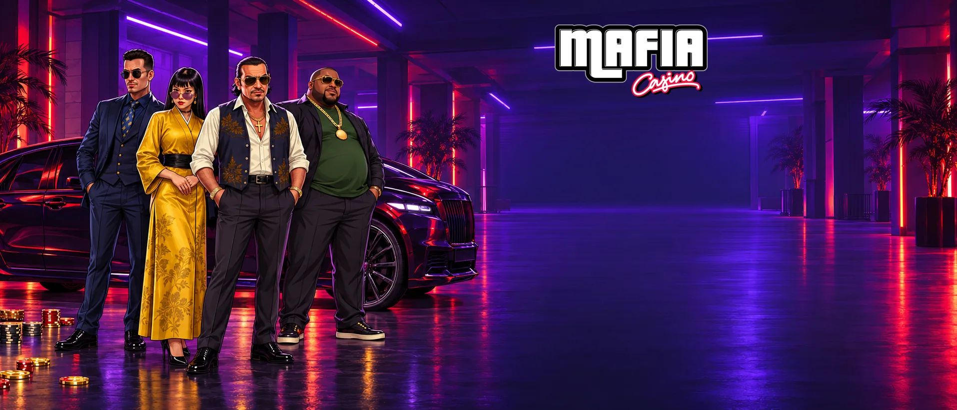 I personaggi di Mafia Casino in un garage illuminato da luci al neon